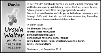 Todesanzeige von Ursula Walter von Marienberg, Freiberg / Brand Erbisdorf