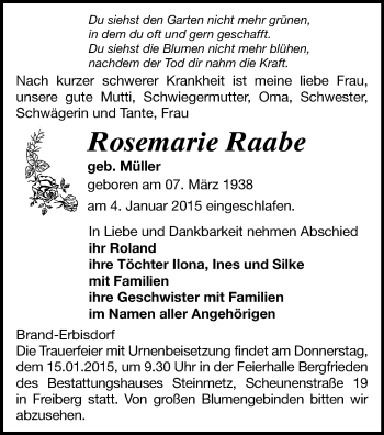 Todesanzeige von Rosemarie Raabe von Freiberg / Brand Erbisdorf