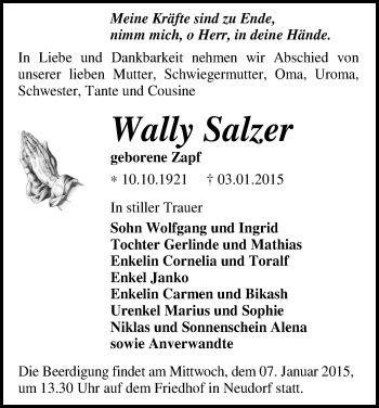 Todesanzeige von Wally Salzer von Annaberg