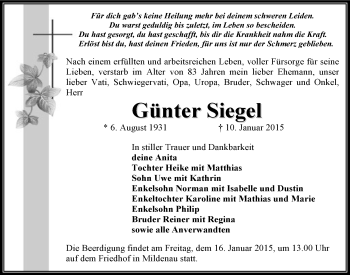 Todesanzeige von Günter Siegel von Annaberg