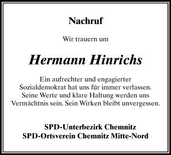 Todesanzeige von Hermann Hinrichs von Chemnitz