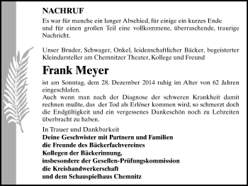 Todesanzeige von Frank Meyer von Chemnitz
