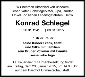 Todesanzeige von Konrad Schlegel von Werdau