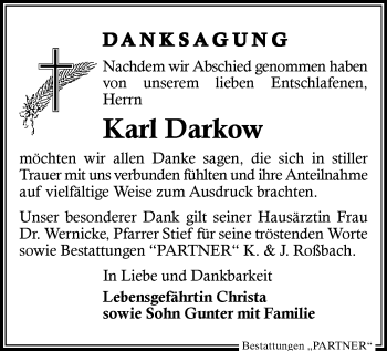 Todesanzeige von Karl Darkow von Plauen