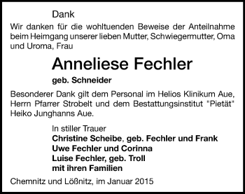 Todesanzeige von Anneliese Fechler von Aue