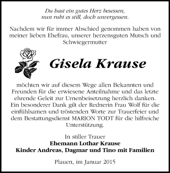 Todesanzeige von Gisela Krause von Plauen