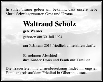 Todesanzeige von Waltraud Scholz von Marienberg