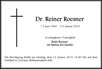 Todesanzeige von Reiner Roesner von Zwickau