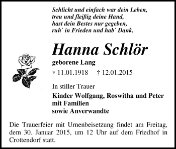 Todesanzeige von Hanna Schlör von Annaberg