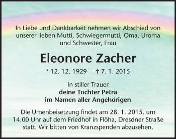 Todesanzeige von Eleonore Zacher von Flöha, Mittweida