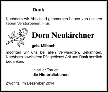 Todesanzeige von Dora Neukirchner von Aue, Stollberg