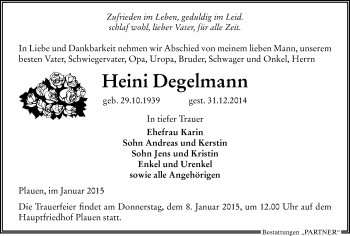 Todesanzeige von Heini Degelmann von Plauen