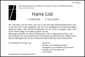 Todesanzeige von Hans List von Werdau, Zwickau