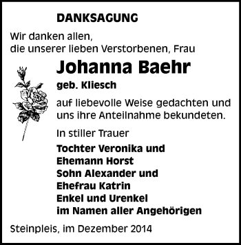 Todesanzeige von Johanna Baehr von Werdau