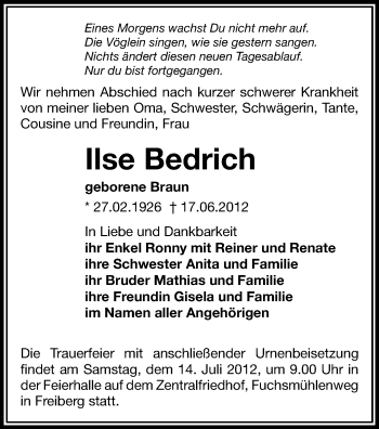 Todesanzeige von Ilse Bedrich von Gesamtausgabe