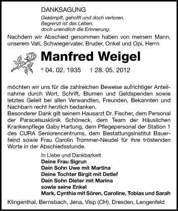 Todesanzeige von Manfred Weigel von Gesamtausgabe