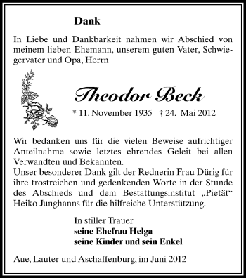 Todesanzeige von Theodor Beck von Gesamtausgabe