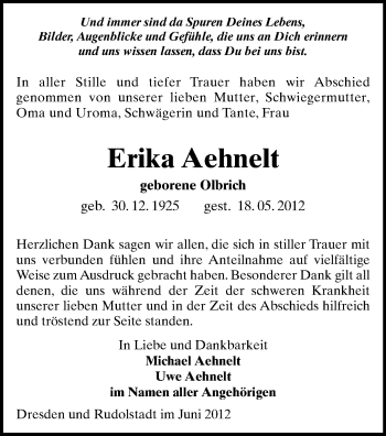 Todesanzeige von Erika Aehnelt von Gesamtausgabe
