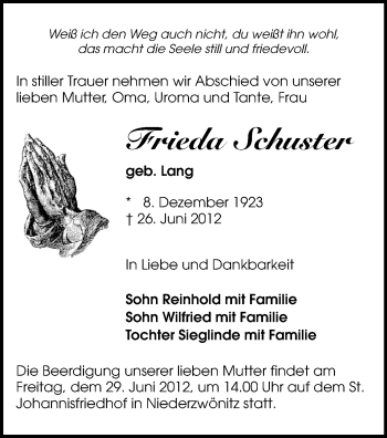 Todesanzeige von Frieda Schuster von Gesamtausgabe