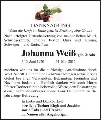 Todesanzeige von Johanna Weiß von Gesamtausgabe