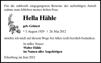 Todesanzeige von Hella Hähle von Gesamtausgabe