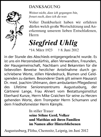 Todesanzeige von Siegfried Uhlig von Gesamtausgabe