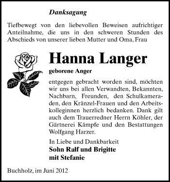 Todesanzeige von Hanna Langer von Gesamtausgabe