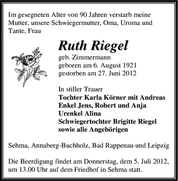 Todesanzeige von Ruth Riegel von Gesamtausgabe