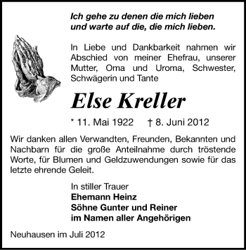 Todesanzeige von Else Kreller von Gesamtausgabe