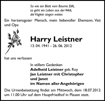 Todesanzeige von Harry Leistner von Gesamtausgabe