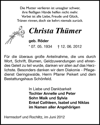 Todesanzeige von Christa Thümer von Gesamtausgabe