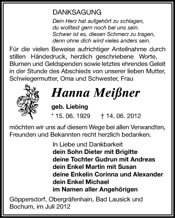 Todesanzeige von Hanna Meißner von Gesamtausgabe