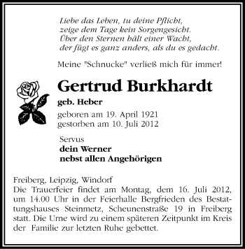 Todesanzeige von Gertrud Burkhardt von Gesamtausgabe