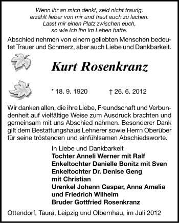 Todesanzeige von Kurt Rosenkranz von Gesamtausgabe