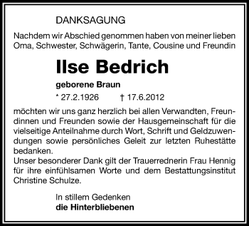 Todesanzeige von Ilse Bedrich von Gesamtausgabe