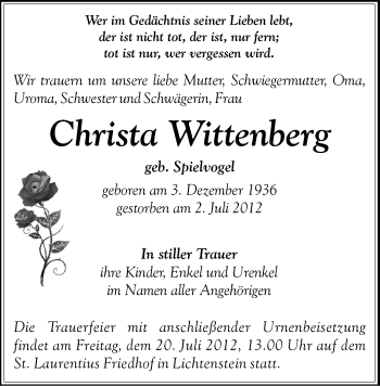 Todesanzeige von Christa Wittenberg von Gesamtausgabe