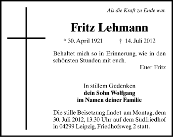 Todesanzeige von Fritz Lehmann von Gesamtausgabe
