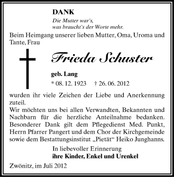 Todesanzeige von Frieda Schuster von Gesamtausgabe