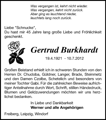 Todesanzeige von Gertrud Burkhardt von Gesamtausgabe