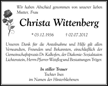 Todesanzeige von Christa Wittenberg von Gesamtausgabe