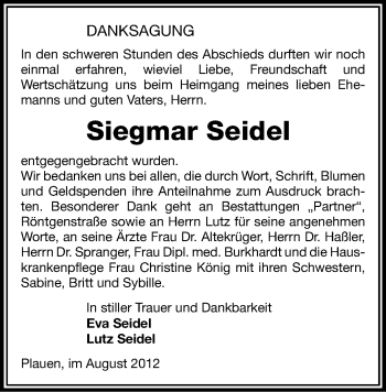 Todesanzeige von Siegmar Seidel von Gesamtausgabe