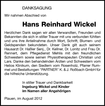 Todesanzeige von Hans Reinhard Wickel von Gesamtausgabe