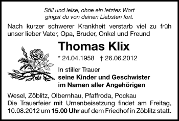 Todesanzeige von Thomas Klix von Gesamtausgabe