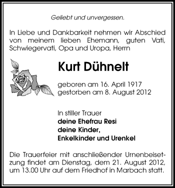 Todesanzeige von Kurt Dühnelt von Gesamtausgabe