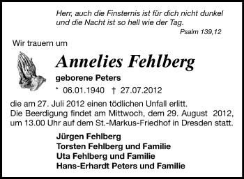 Todesanzeige von Annelies Fehlberg von Gesamtausgabe