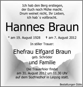 Todesanzeige von Hannes Braun von Gesamtausgabe