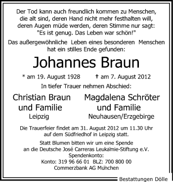 Todesanzeige von Johannes Braun von Gesamtausgabe