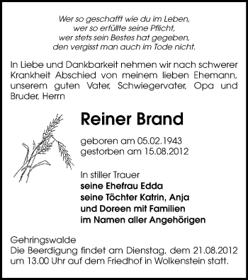 Todesanzeige von Reiner Brand von Gesamtausgabe