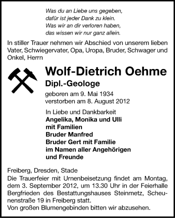 Todesanzeige von Wolf-Dietrich Oehme von Gesamtausgabe
