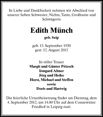 Todesanzeige von Edith Münch von Gesamtausgabe